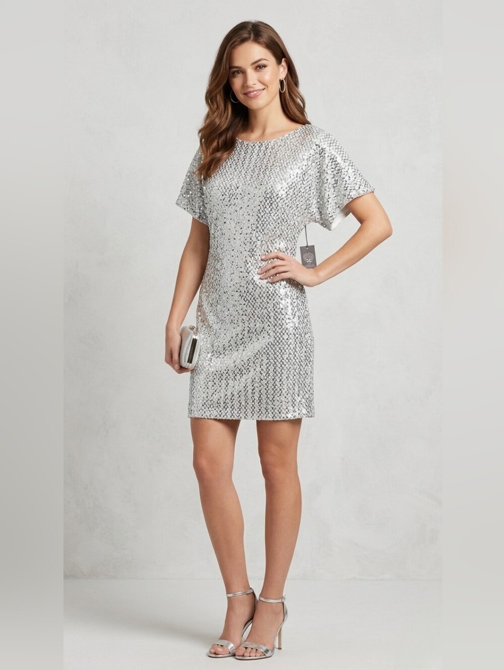 3. NWT - Vince Camuto Silver Sequin Lattice Shift Dress